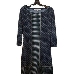 MAX Studio Womens Shift Dress Small Navy Teal Printed 3/4 Sleeve Casual BOHO